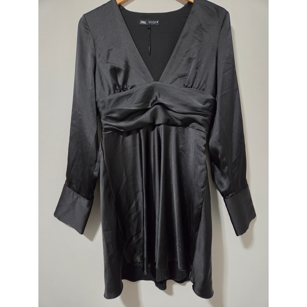 Zara Black Satin V-Neck Gathered Mini Dress‎ Long Sleeve Size Medium Cocktail
